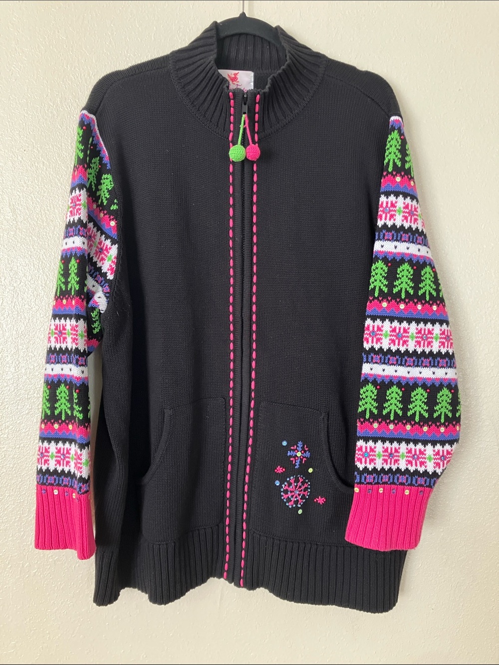 Quacker Factory Knit Full Zip Christmas Holiday Sweater, 2X